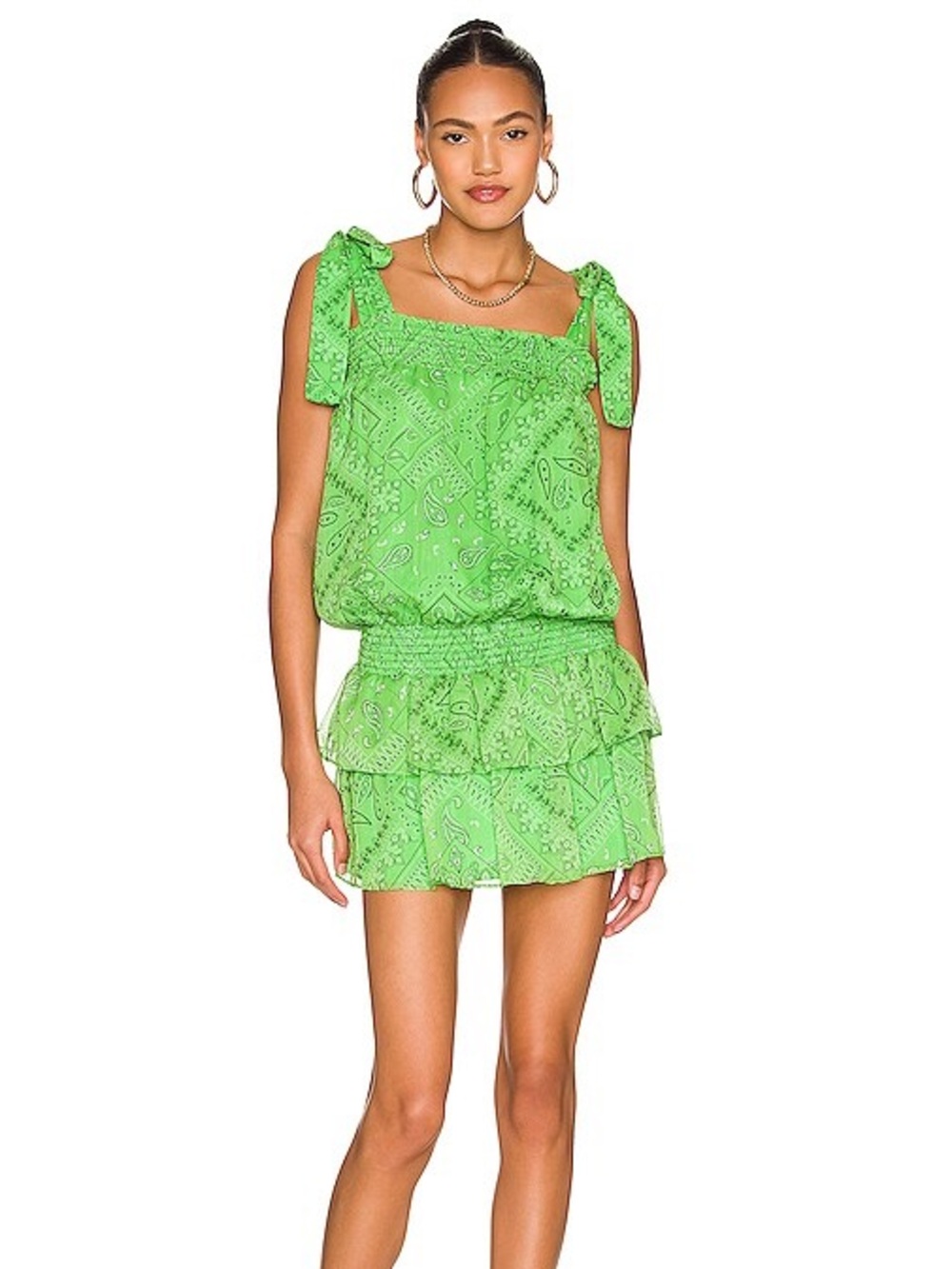 Amanda Uprichard Cotter Mini Dress Lime Bandana-Print Tie-Shoulder Ruffle Size M